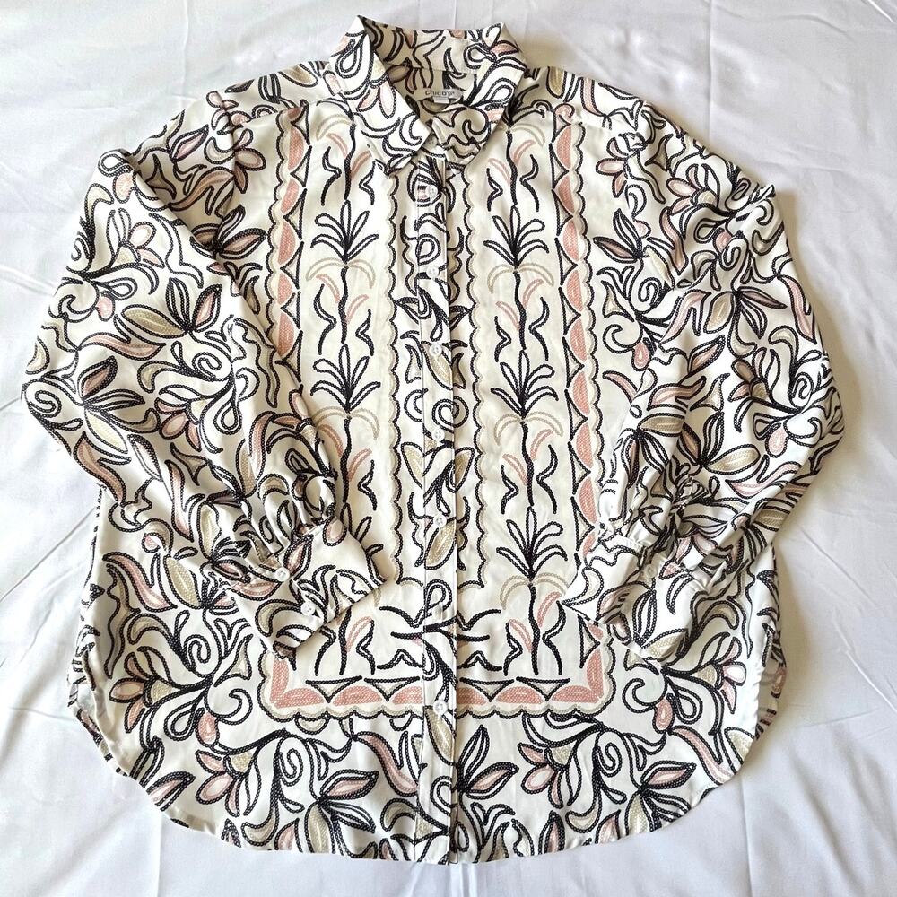 Chico's Size 2 Scroll Print Button Front Blouse Cream Beige Long Sleeve Top